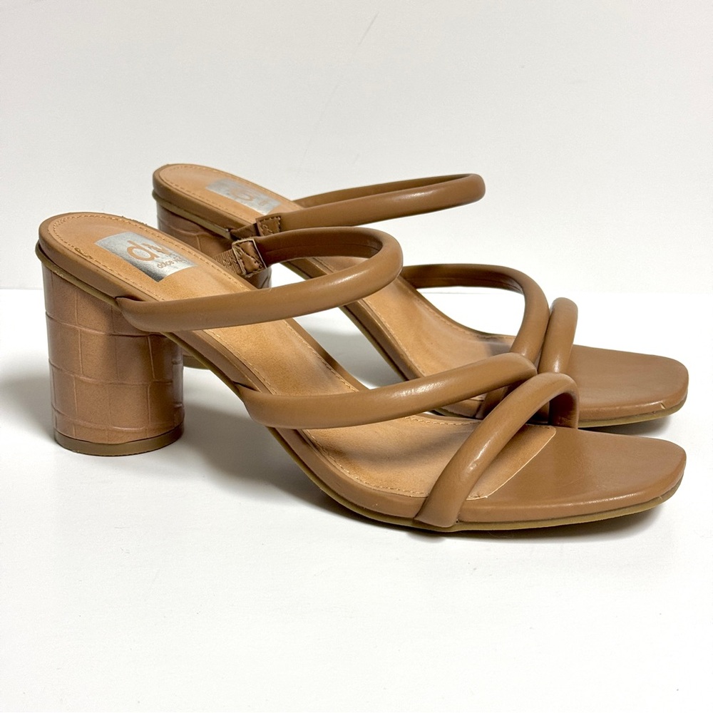 Dolce Vita Minnee Patent Tube Strappy Sandals Sz 10 Tan Chunky Heels Square Toe